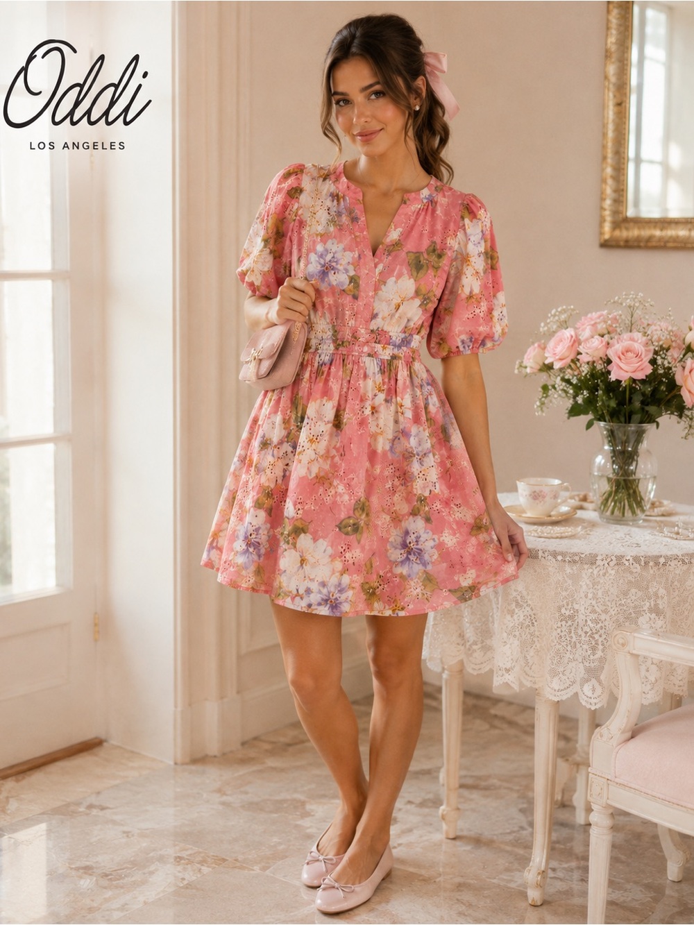 Oddi Pink Floral Eyelet Puff Sleeve Dress Womenโs M Cottagecore Romantic